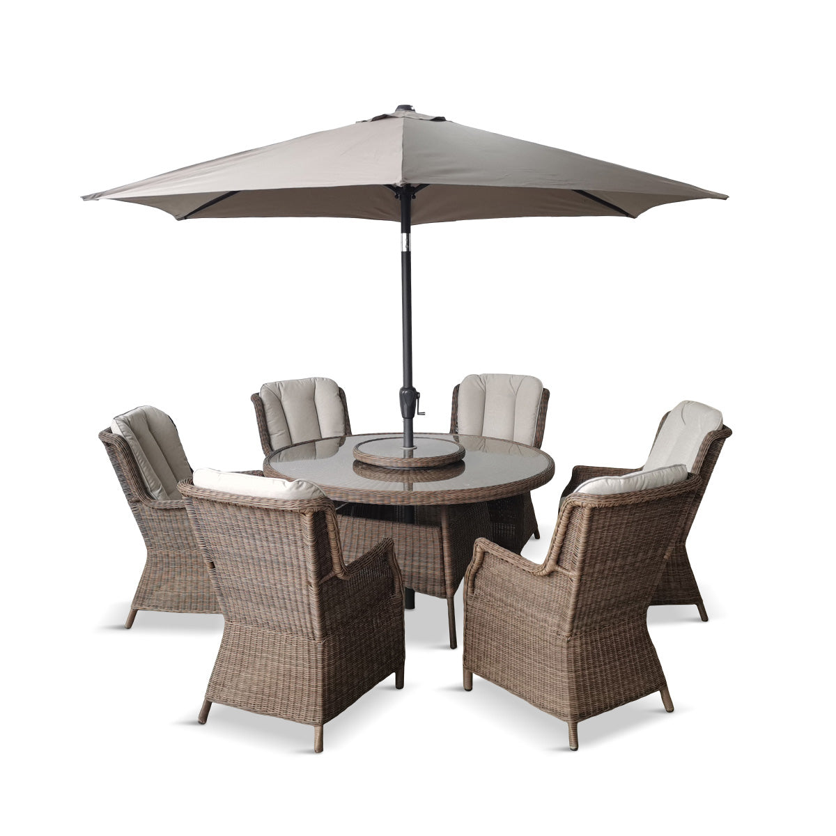 Montpellier 6 Seat Dining Set with Weave Lazy Susan and Deluxe 3.0m Parasol